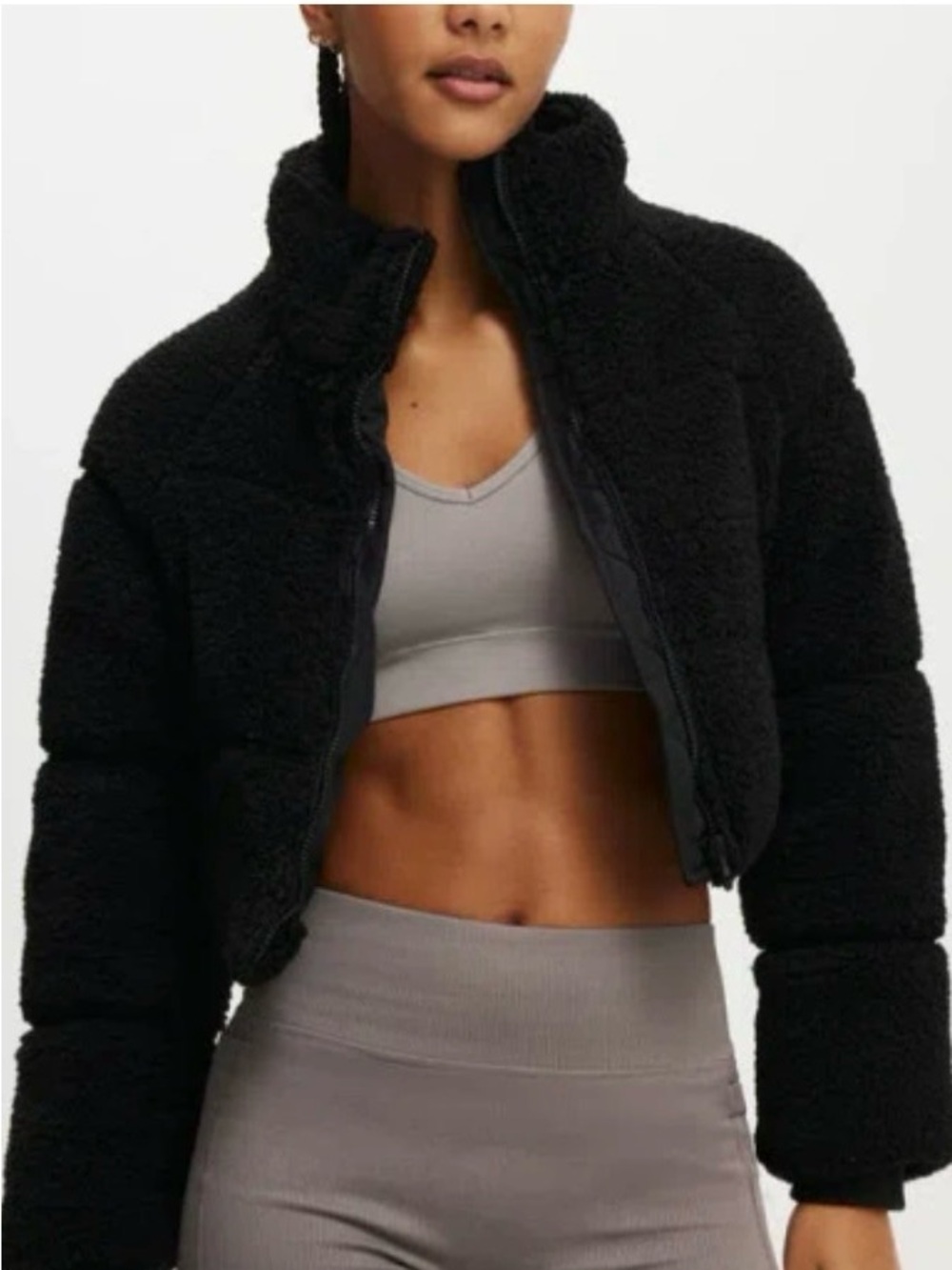 Cotton On Black Cropped Teddy Puffer Jacket